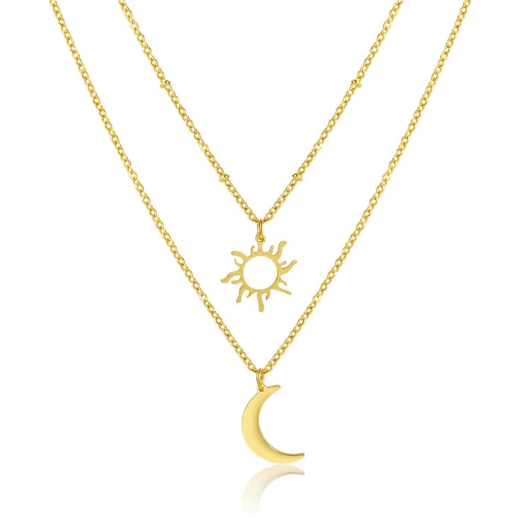 G1878 Fashion Double Layered Necklace Stainless Steel Jewelry Beaded Chain Sun and Moon Necklace