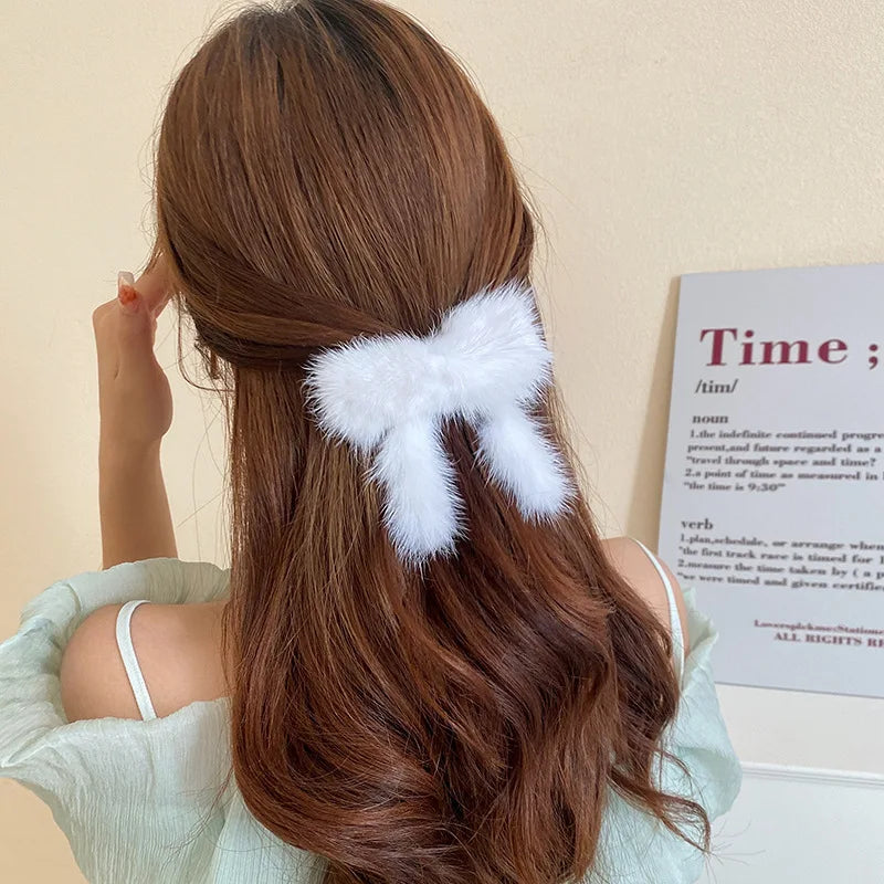 Barrette Hair Accessories Hair Clip Fuzzy Fur Bow Pin Fur Luxury Fashion Wholesale Winter Faux Mink Long Tail Plush Women Girls