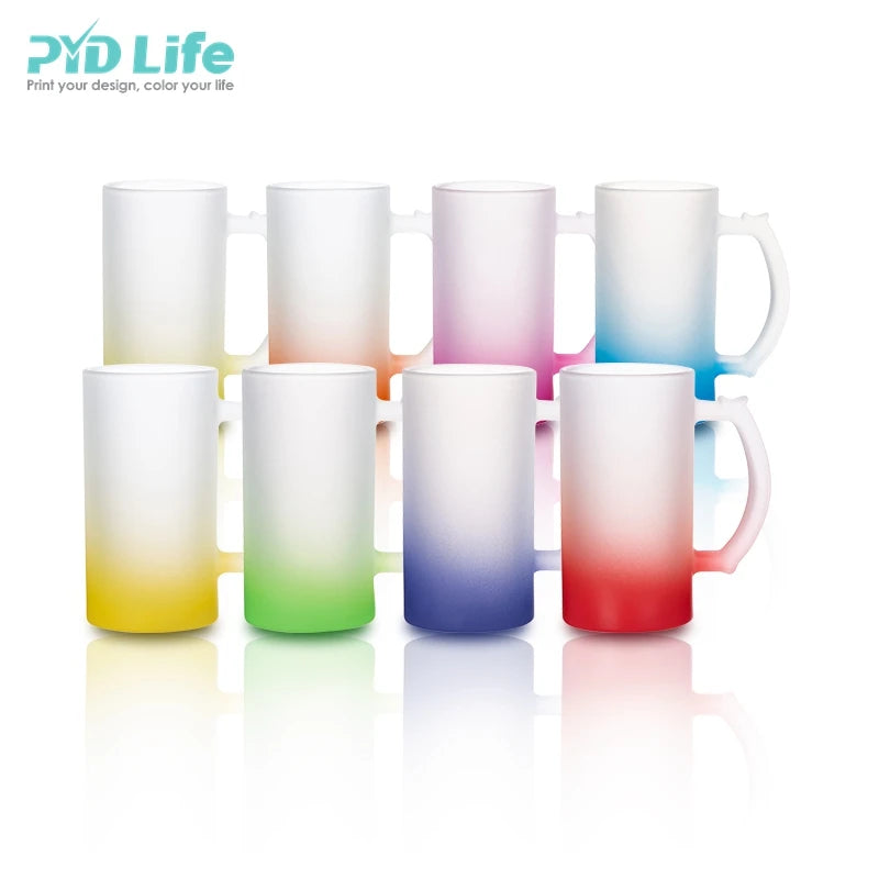 PYD Life New Hot Sale 16 oz 480 ml Sublimation Gradient Color Frosted Glass Beer Mug With Handle