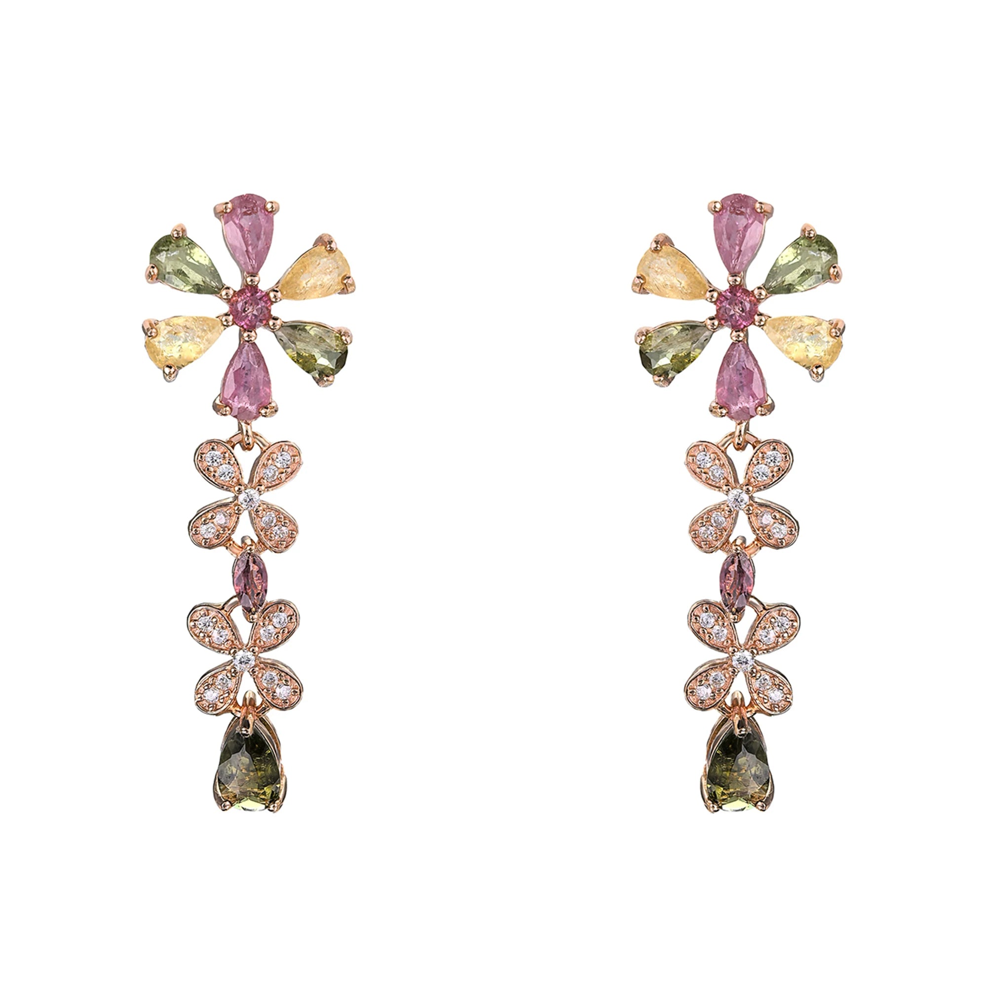 Charming Rose Gold Plated 925 Sterling Silver Natural Tourmaline Flower Drop Earrings for Women Fine Earrings