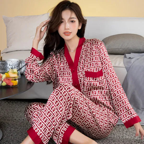 Popular Women's Plus Size Ice Silk Pajamas Long Sleeve Breathable Household Garments 2 Pieces Set
