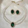 Fashion Vintage Elegant Double Layer Pearl Necklace Emerald Gemstone Stud Earring Women Jewelry Sets (KJ083)
