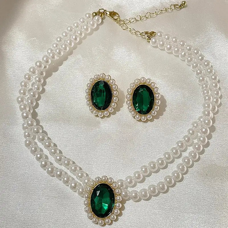 Fashion Vintage Elegant Double Layer Pearl Necklace Emerald Gemstone Stud Earring Women Jewelry Sets (KJ083)