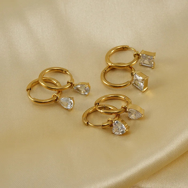 Vintage Waterproof Titanium Stainless Steel 18k Gold Plated Geometric Zircon Heart Waterdrop and square Pendants Earring