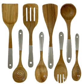 Modern Small ACACIA Wood 8-Piece Kitchen Utensils Set with Cooking Spatula Salad Fork & Stirring Spoon