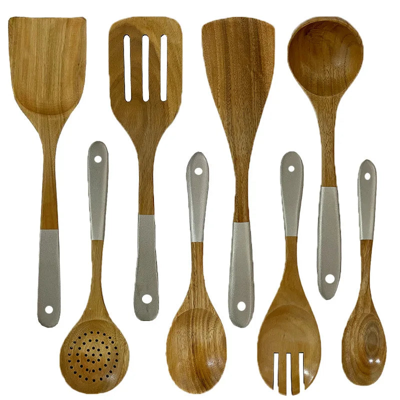Modern Small ACACIA Wood 8-Piece Kitchen Utensils Set with Cooking Spatula Salad Fork & Stirring Spoon