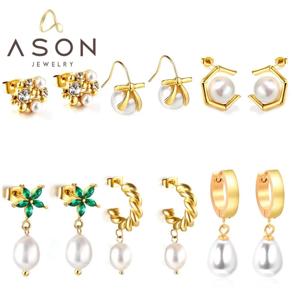 Ason New Unique Design Green Zircon Natural Freshwater Pearl Pendant Earrings Stainless Steel Fashion Earrings for Women