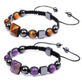 12MM Natural Gemstone Tiger Eye Amethyst Pyramid Bracelet Hematite Hand Braided Energy Bracelet