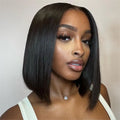 XBL Brazilian Hair Deep Wave Straight Long Bob Wig HD for for Virgin Remy Human Hair 14 Inch