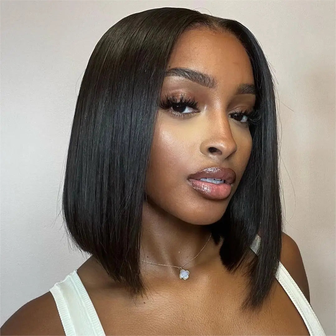 XBL Brazilian Hair Deep Wave Straight Long Bob Wig HD for for Virgin Remy Human Hair 14 Inch