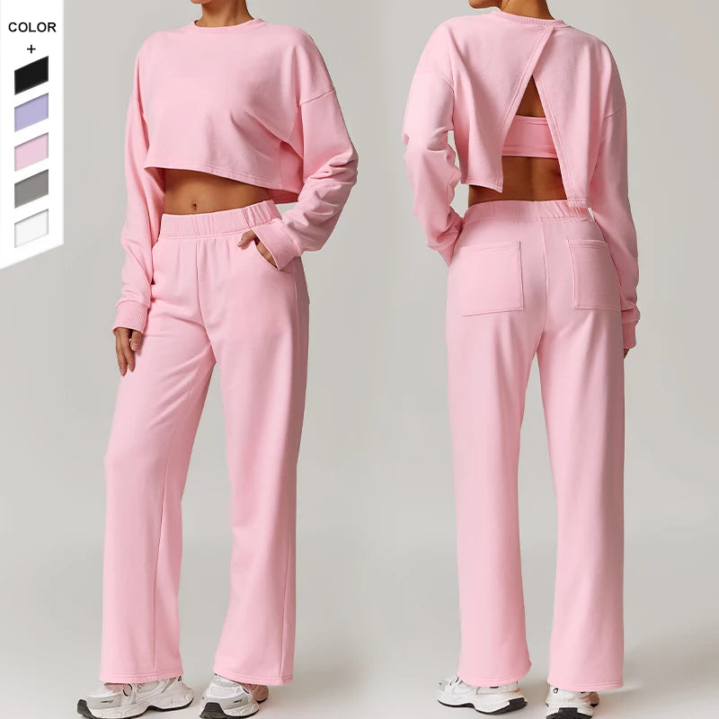 Wholesale High Elasticity Set Round Neck T-shirt High Waisted Loose Hem Pants Workout Sports Set