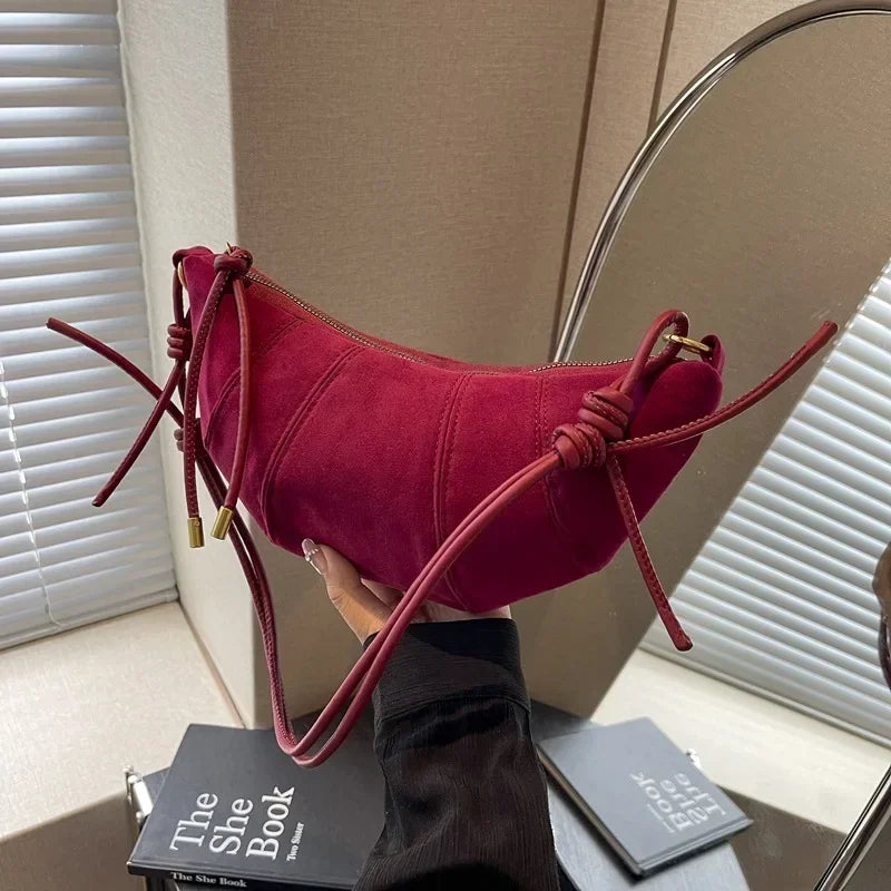 Vintage Half Moon Shoulder Bags for Women Fashion Faux Suede Ladies Underarm Bag New Soft Clutch Female Handbags Small Purse