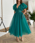 Casual Puffy Sleeves V-neck Button A-line Engagement Wedding Gown Birthday Party Dress Plus Size Women Prom Evening Dresses