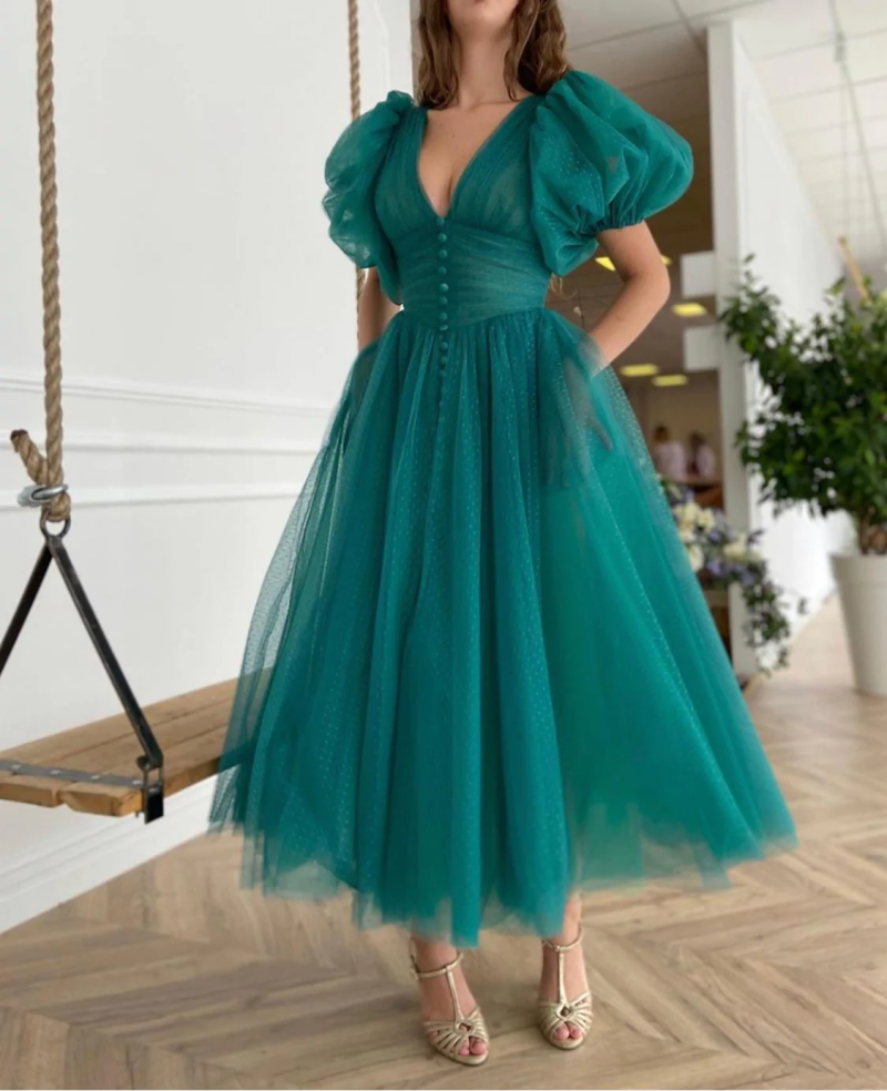 Casual Puffy Sleeves V-neck Button A-line Engagement Wedding Gown Birthday Party Dress Plus Size Women Prom Evening Dresses