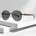 Round Vintage Wooden Temple Customized Logo Rimless Mirror Lens Sunglasses 2024