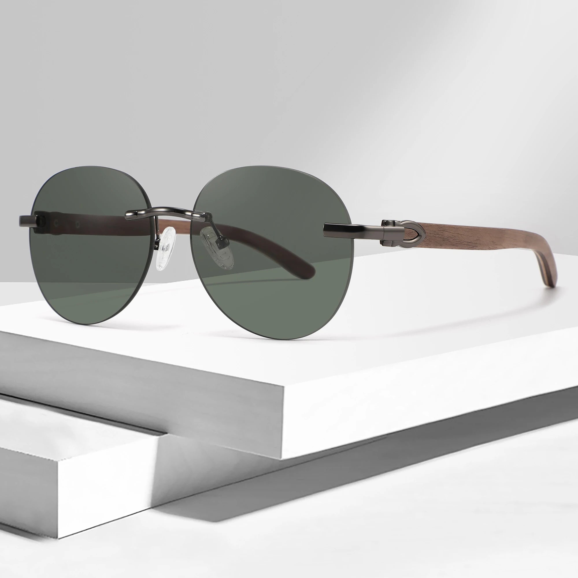Round Vintage Wooden Temple Customized Logo Rimless Mirror Lens Sunglasses 2024