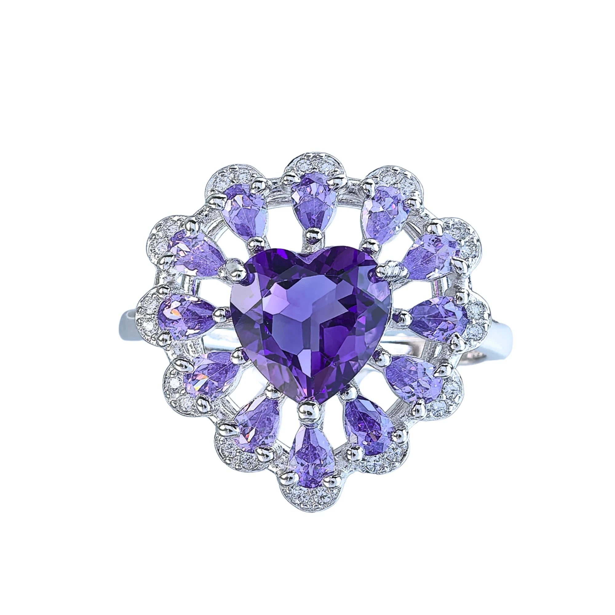 Elegant Rhodium Plated Plata 925 Jewelry Natural Amethyst Heart Ring for Women Valentine's Day Gifts