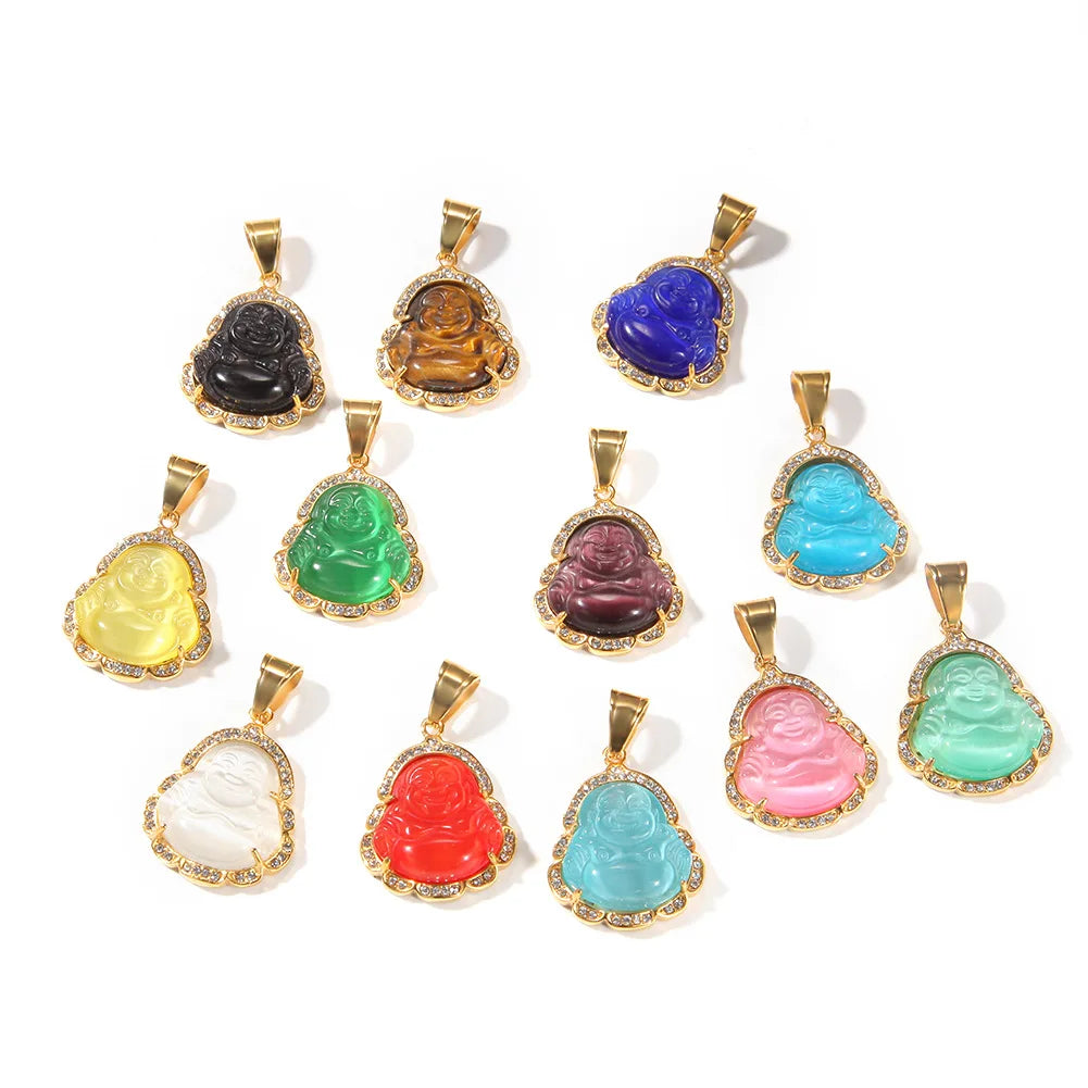 Hot Selling Icy Maitreya Buddha Head Pendant Stainless Steel Gold Plating Hip Hop Featuring Jade Religious Gifts Pearl Diamond