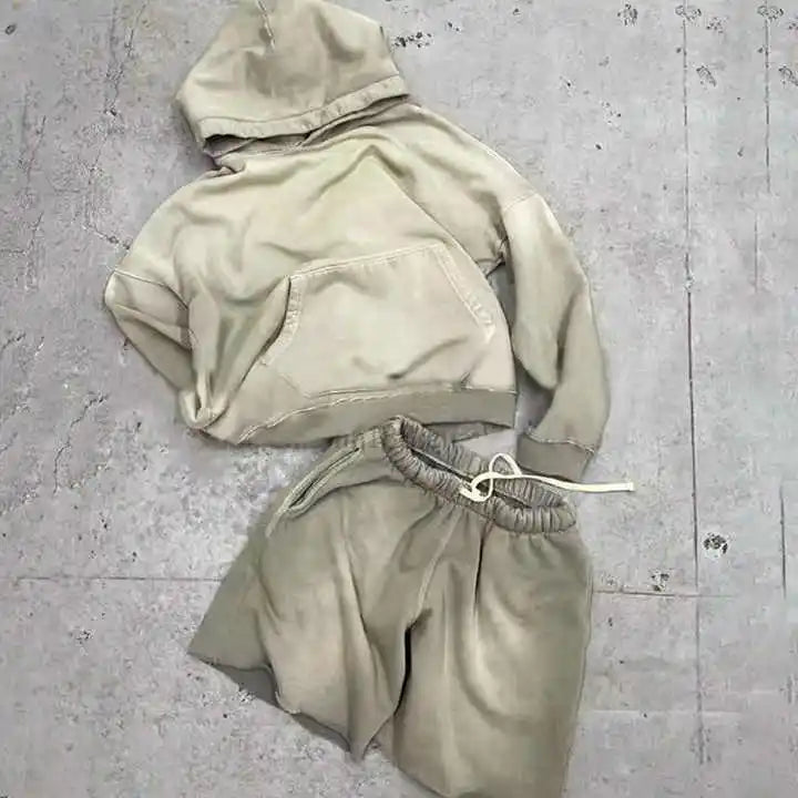 Custom Men Winter Breathable Vintage Acid Wash Hoodie Short Set Two Piece Track Suit French Terry Tehc Fleece Blank Plain 100%