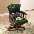 Dark Ox Blood Chesterfield Captains Chair Genuine Leather Wooden Base Home Office Swivel Armchair with Wheels UK