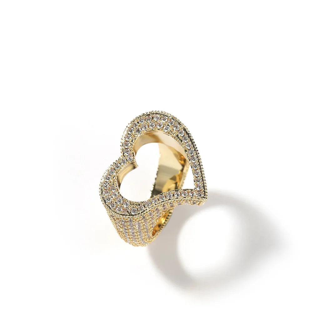 Fashionable Bling Jewelry Gold Plated Iced Out Diamond Hollow Heart-shape Eternity Wedding Band Ring for Men Women