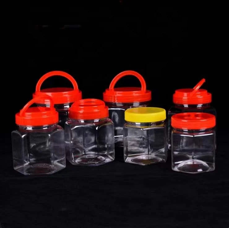 PET for Hexagonal Honey Jar Wholesale 1L Screen Printed Plastic Honey Bottle Screw Cap Hanger for Honey Jelly Cake Cookie