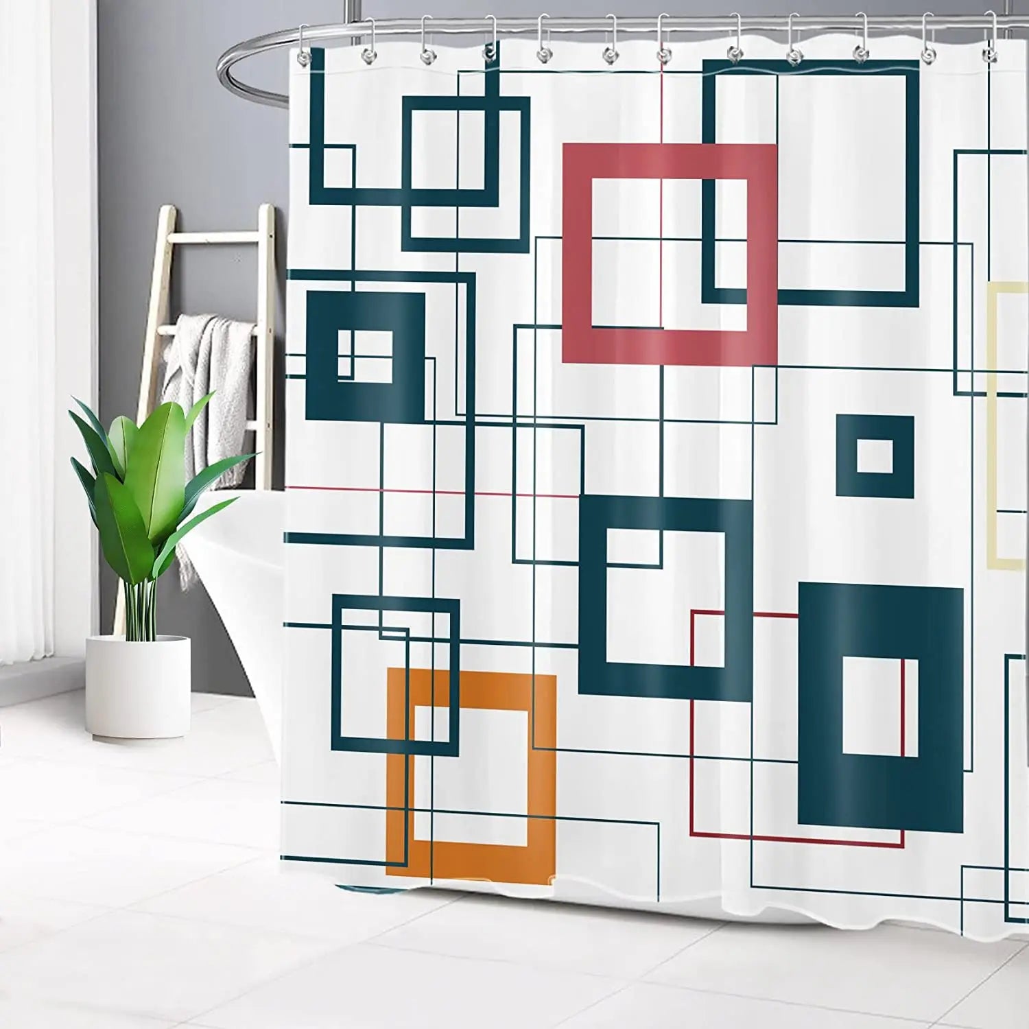 Geometric Pattern Polyester Bath Screen Waterproof Shower Curtain with 12 Pcs Hooks Digital Printed