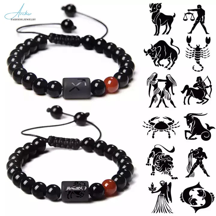 Adjustable Braided Rope 12 Horoscope Zodiac Sign Beads Couple Charm Bracelet 18K Gold Plated Zircon Men Women Anniversary
