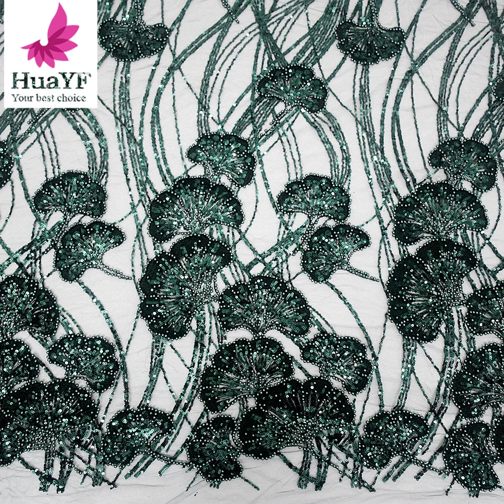HY2440 Fashion 3D Wedding African Lace Fabric With Beads and Sequins Dress Tulle Lightly Embroidered Pearls Lace Fabric