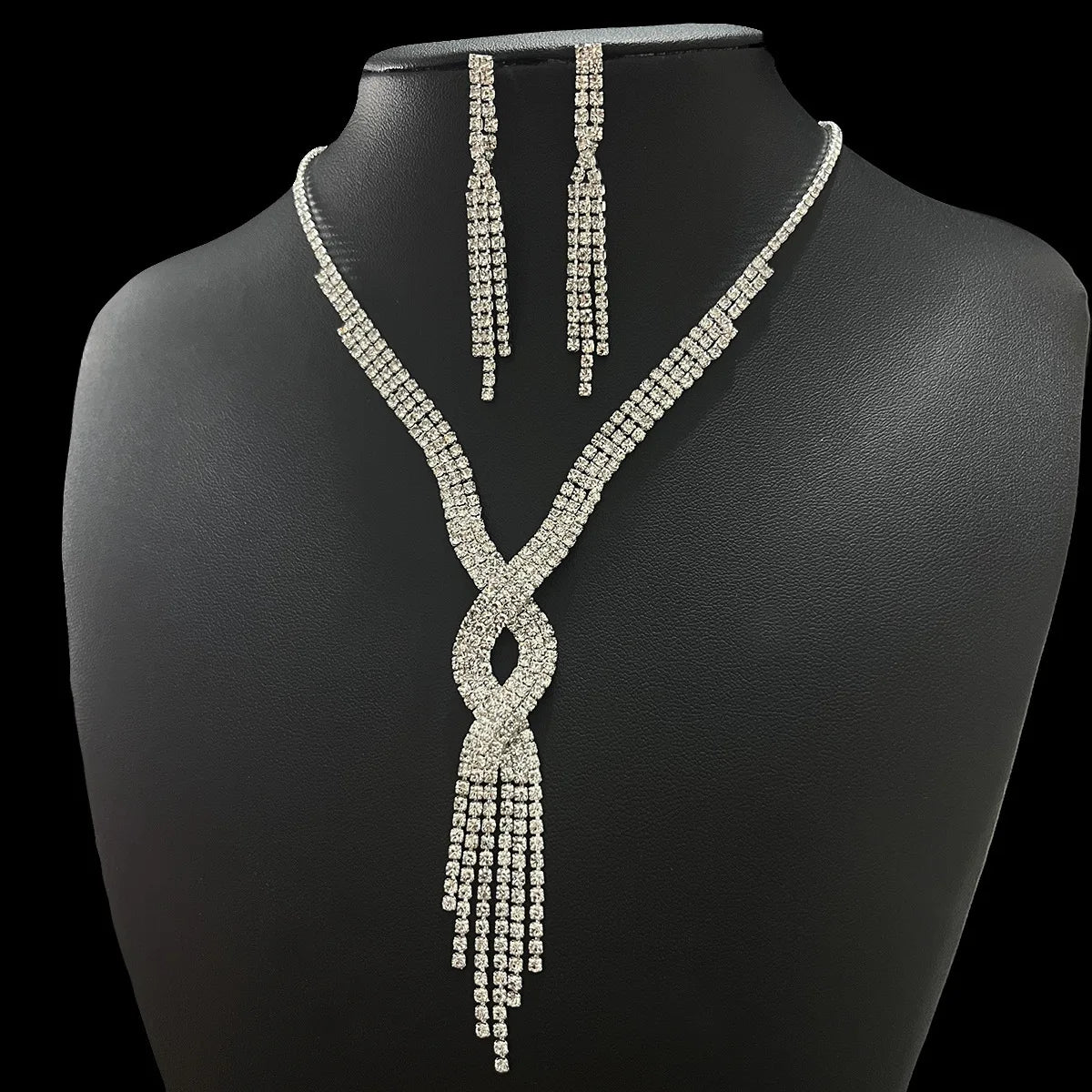 Versatile 3-Piece Bridal Wedding Jewelry Set Rhinestone Tassel Necklace Earring Necklace for Evening Dresses & Weddings