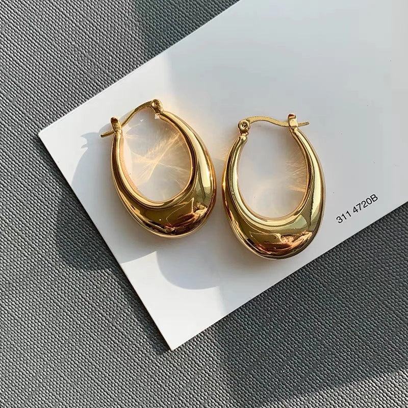 Factory Wholesale Oval Shaped Huggie Earrings Fashion Thick 18k Gold Stainless Steel Earrings