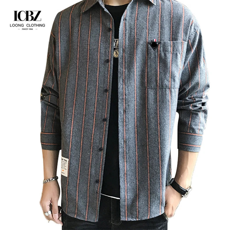 Spring New Men's Long-Sleeved Hong Kong Style Japanese Retro Plaid Shirt Stand Collar Breathable Black White Loose Fit