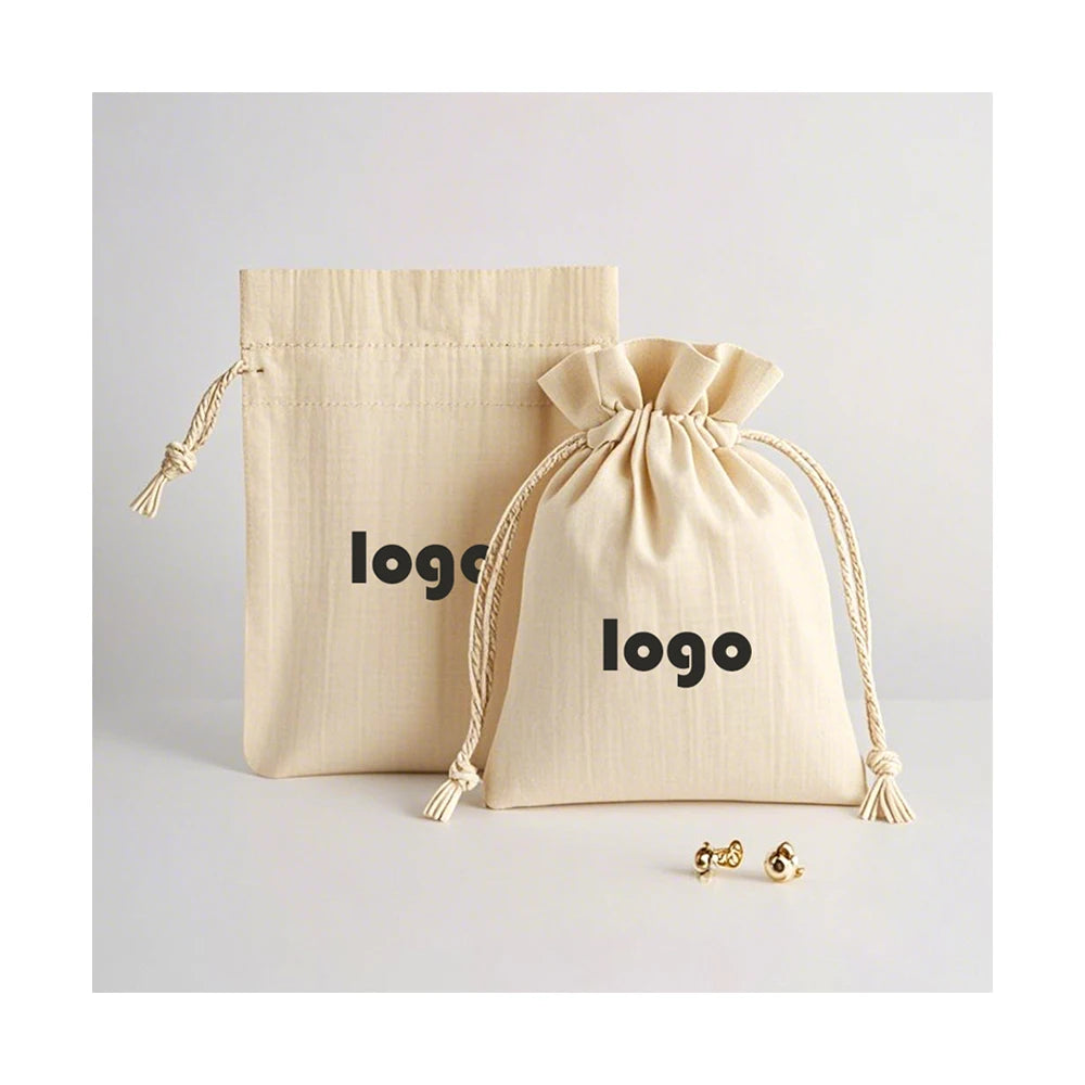 Custom Canvas Cotton Linen Drawstring Pouch Bags with Double Cotton Strings for Jewelry Packaging