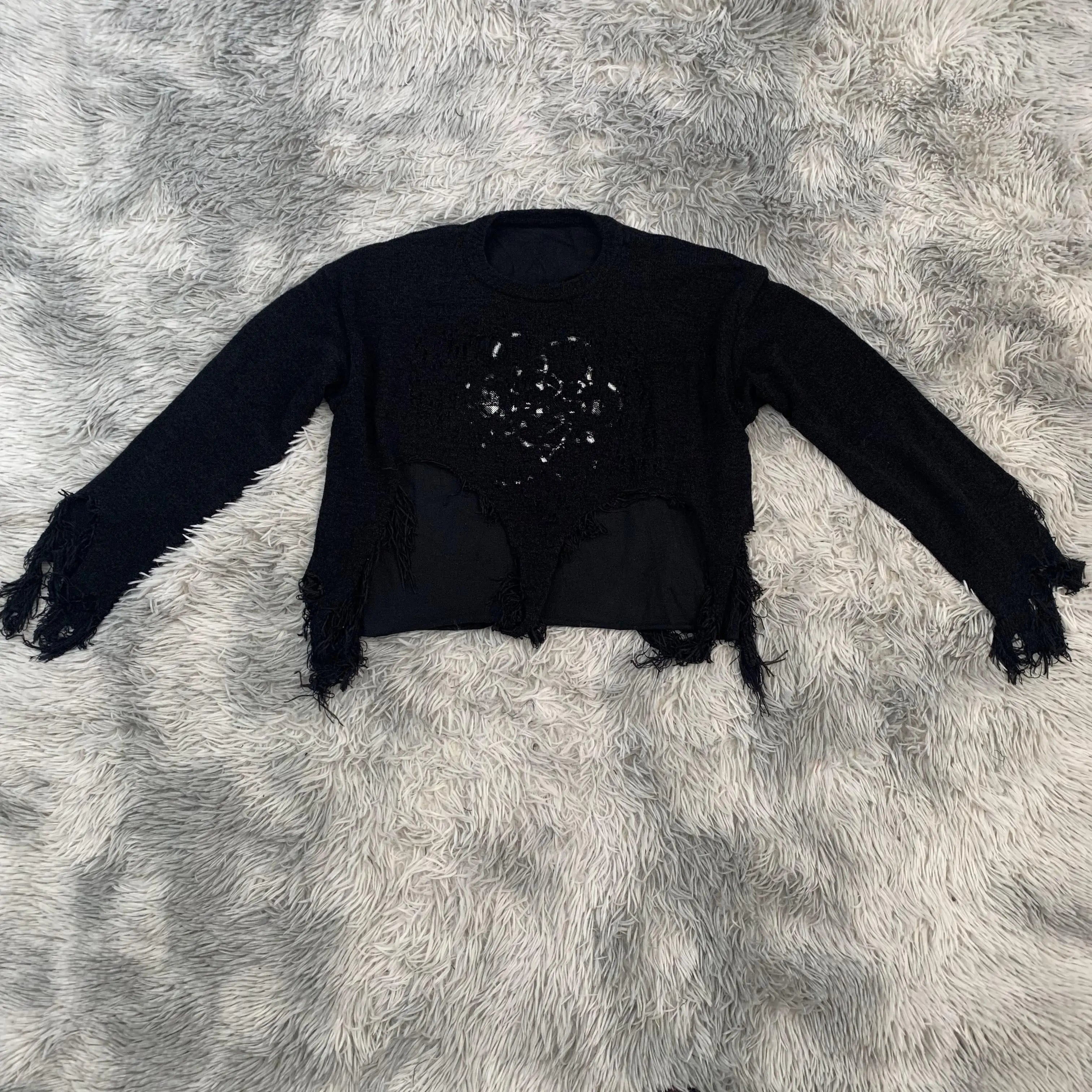 DENIMGUYS Custom Design Cover Long Sleeve T-shirt Dual Layer Distressed Knitted Sweater T-shirts Men's Streetwear Top
