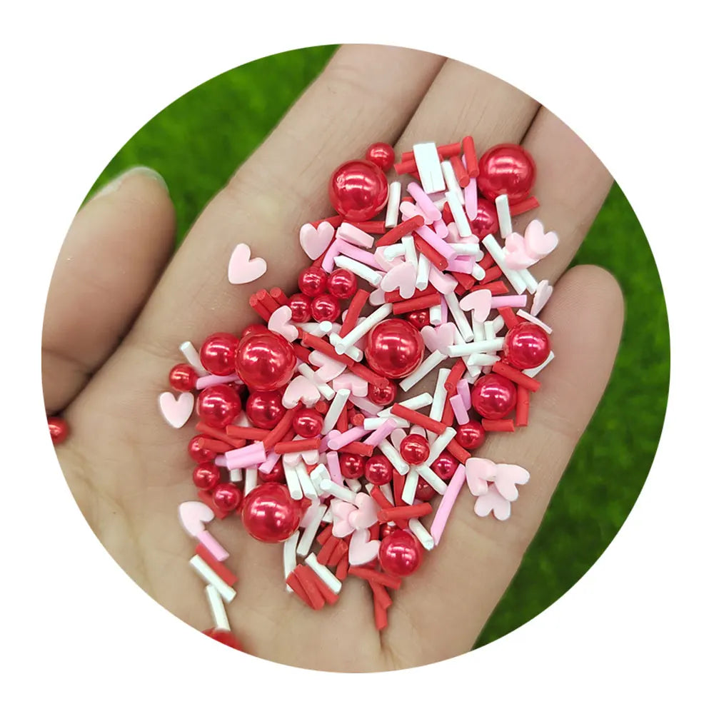 Valentine's Day Themed Mixed Red Pearl Beads Pink Heart Polymer Clay Slices Sprinkles for Nail Art Slime Fillers Decoration