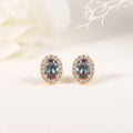 W0378 Innovative Designs Oval Cut 4x6mm Lab Alexandrite Yellow Gold Plated 925 Sterling Silver Halo Stud Earrings