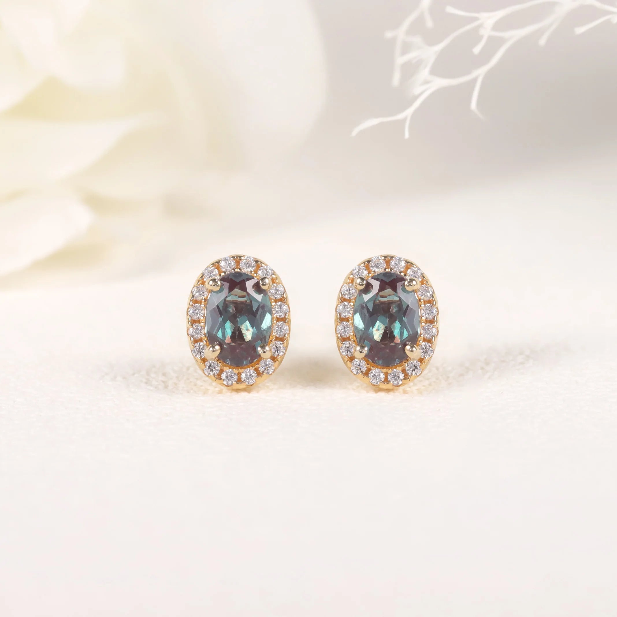 W0378 Innovative Designs Oval Cut 4x6mm Lab Alexandrite Yellow Gold Plated 925 Sterling Silver Halo Stud Earrings