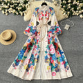 LW0987 2025 New Dress for Women Vintage Elegant Lantern Sleeve Waist Slit Printed Long Skirt Elegant Casual Dresses Plus Size