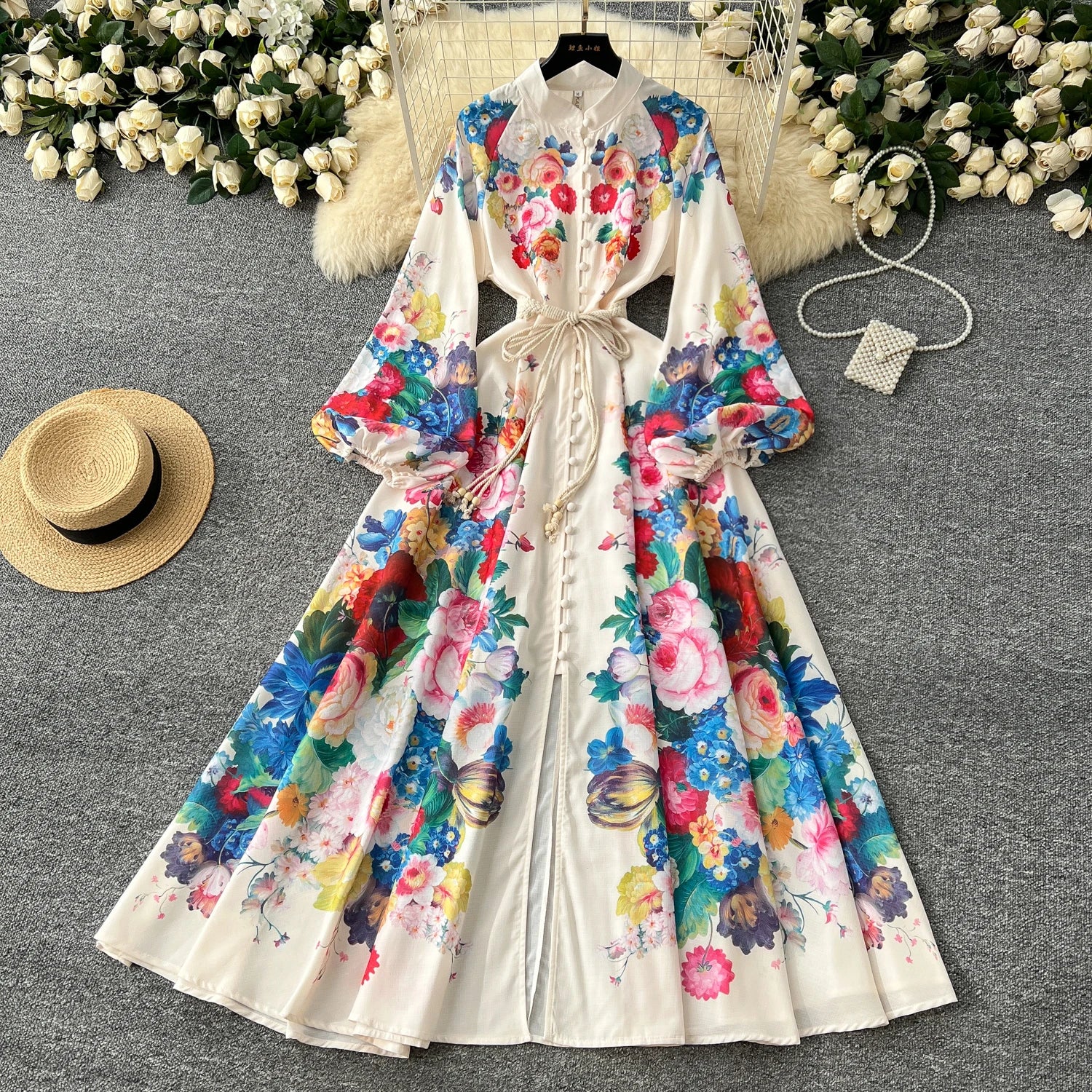 LW0987 2025 New Dress for Women Vintage Elegant Lantern Sleeve Waist Slit Printed Long Skirt Elegant Casual Dresses Plus Size