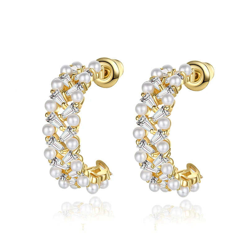 LUOTEEMI Gold Plated Small Moon Shape Earring Cuffs Imitation Rice Pearl Hoop Earrings for Women 2023