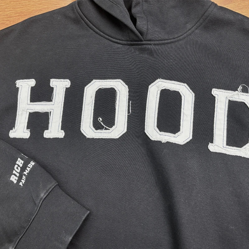 Custom Streetwear Graphic French Terry Washed Patch Embroidery Hoodie 350 400gsm Cropped Patchwork Distressed Embroidered Hoodie