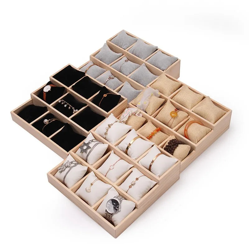 9 Slots Stepped Wood Gift Watch Jewelry Bracelets Bangle Storage Display Tray Organizer