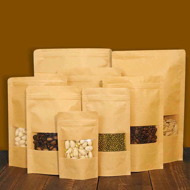 Brown Kraft Paper Recyclable Stand-up Zipper Pouch Glossy Window Gravure Printed Food Packaging for Tea Coffee Jelly Pet Food