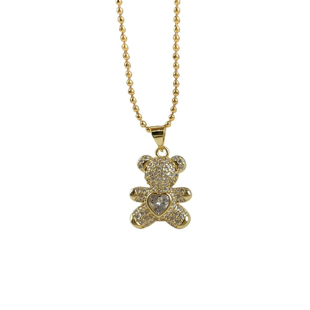 Cute Crystal Teddy Bear Pendant Necklace Gold Plated Heart Bear Necklace for Women Girls Daily Wear Party Jewelry Gift