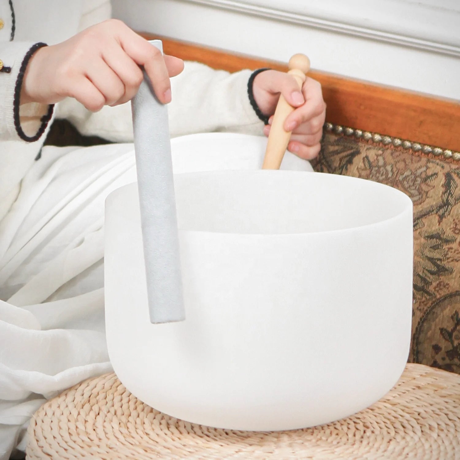 14 Inch Chakra Frosted Quartz Crystal Singing Bowl with Free Mallet & O-ring C/D/E/F/G/A/B Note for Calm Sound Healing