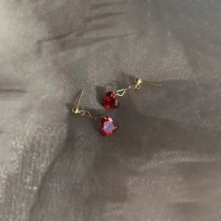 925 Sterling Silver Gold Plated Fashion Red Heart Rhinestone Ear Stud Drop Earrings