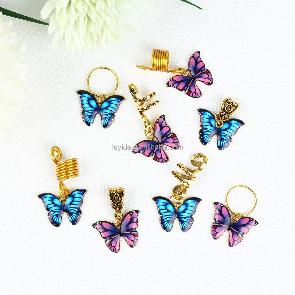AliLeader African Hair Alloy Metal Colorful Blue Purple Butterfly Charms Hair Pendant Cuffs Rings Braid Dreadlock Accessories