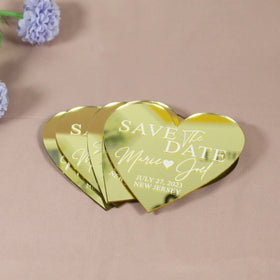 Exquisite Custom Gold Mirror Heart Shape Acrylic Wedding Invitation Card Save the Date with Blue Velvet Envelope