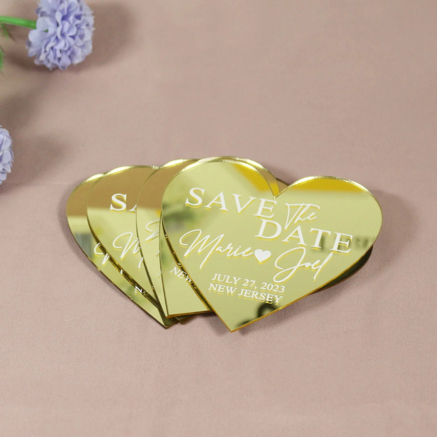 Exquisite Custom Gold Mirror Heart Shape Acrylic Wedding Invitation Card Save the Date with Blue Velvet Envelope