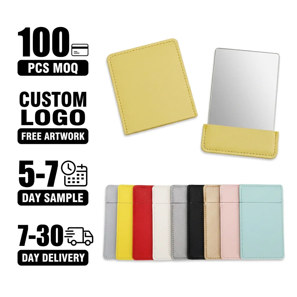 Custom Logo Debossing Brand Promotion Gift Giveaways Portable EDC Unbreakable Stainless Steel PU Leather Cosmetic Pocket Mirror